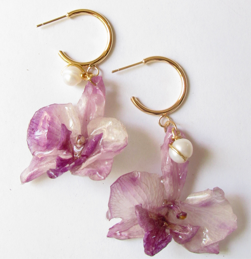 Small Purple Orchids on Gold Hoops
