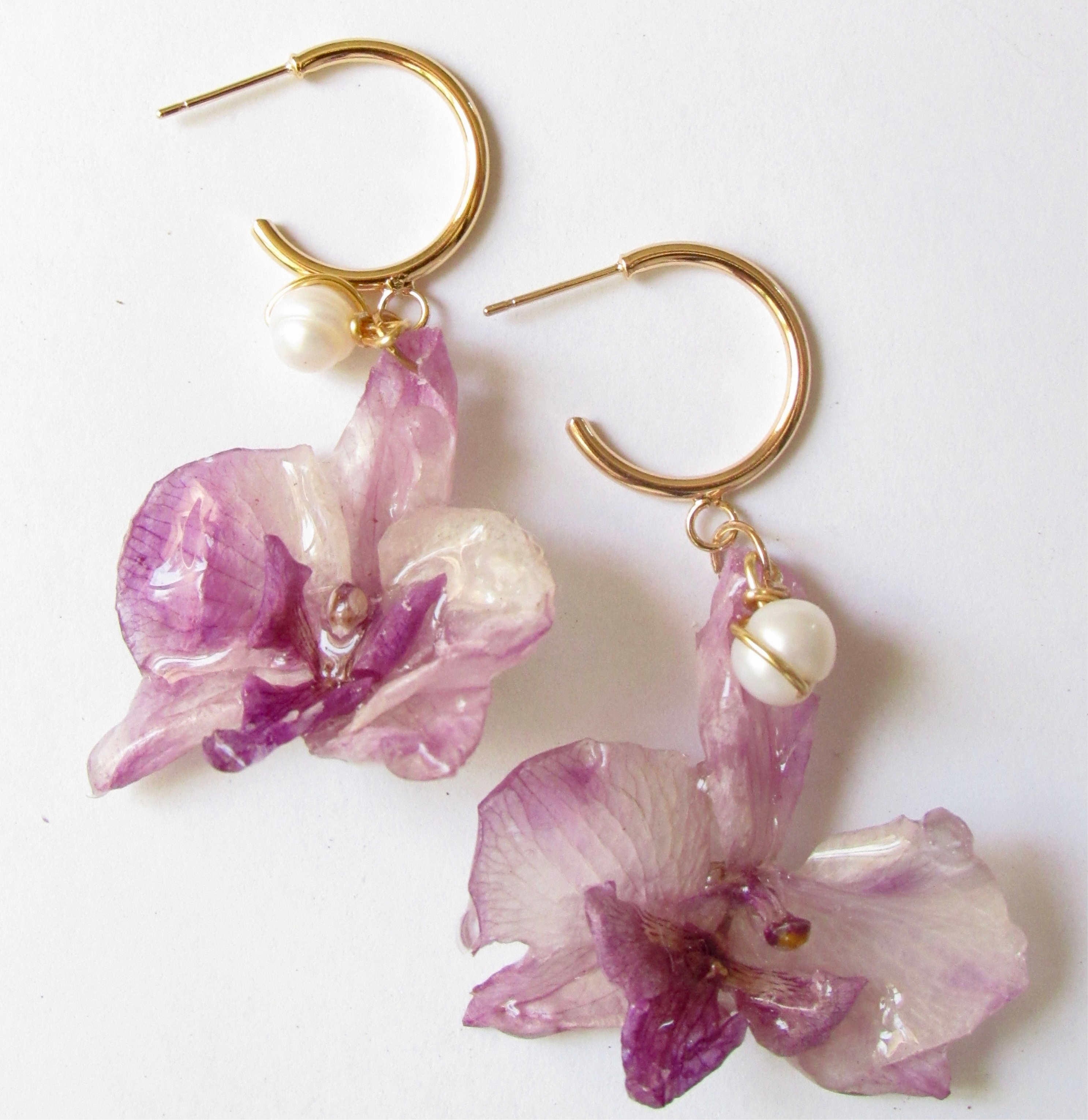 Small Purple Orchids on Gold Hoops