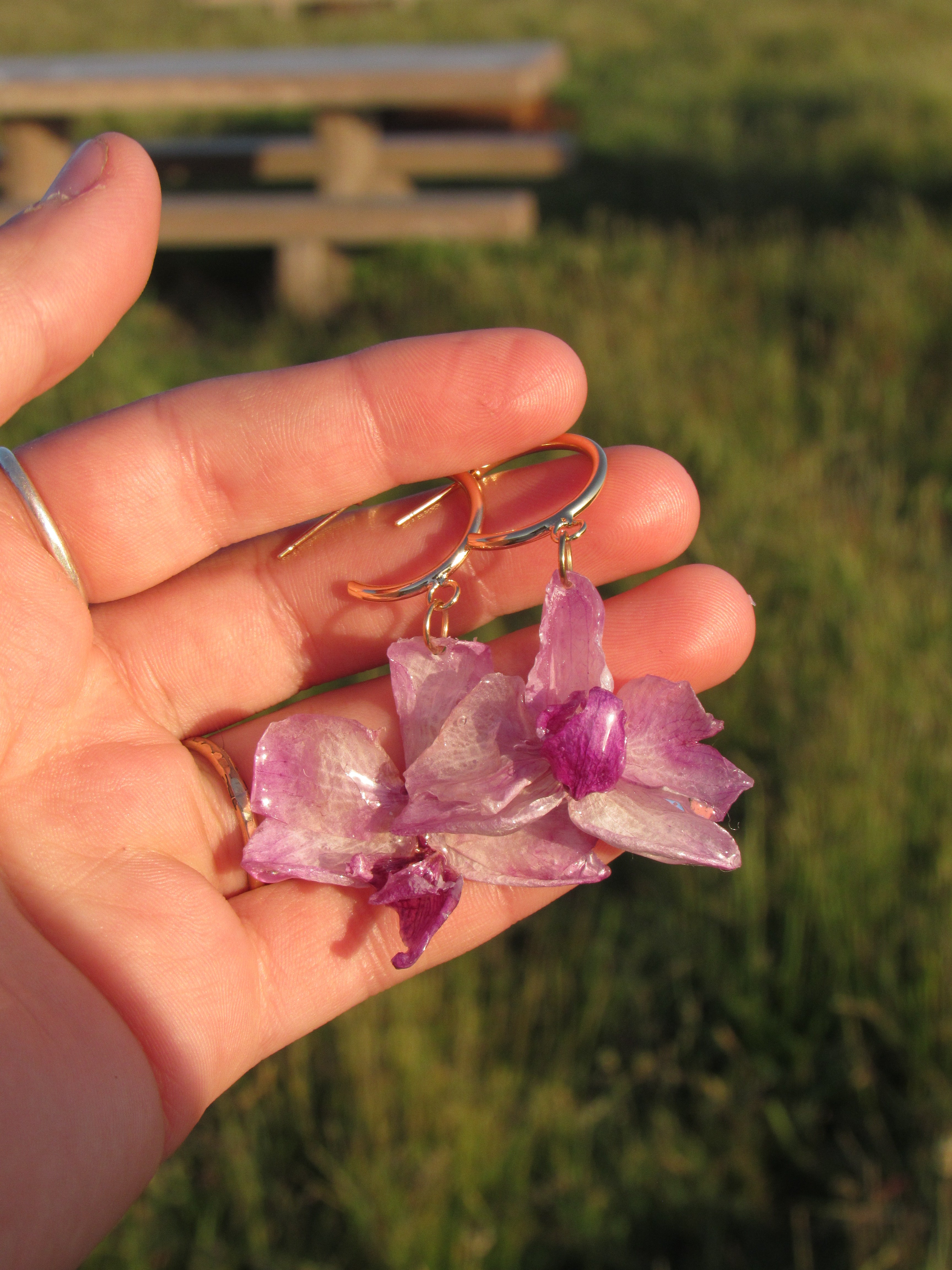 Small Purple Orchids on Gold Hoops